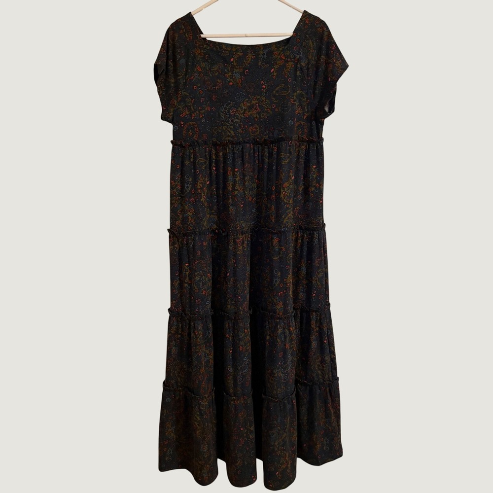 Natural Life Maxi Dress Womens XL Navy New Paisley Floral Tiered Ruffle Boho